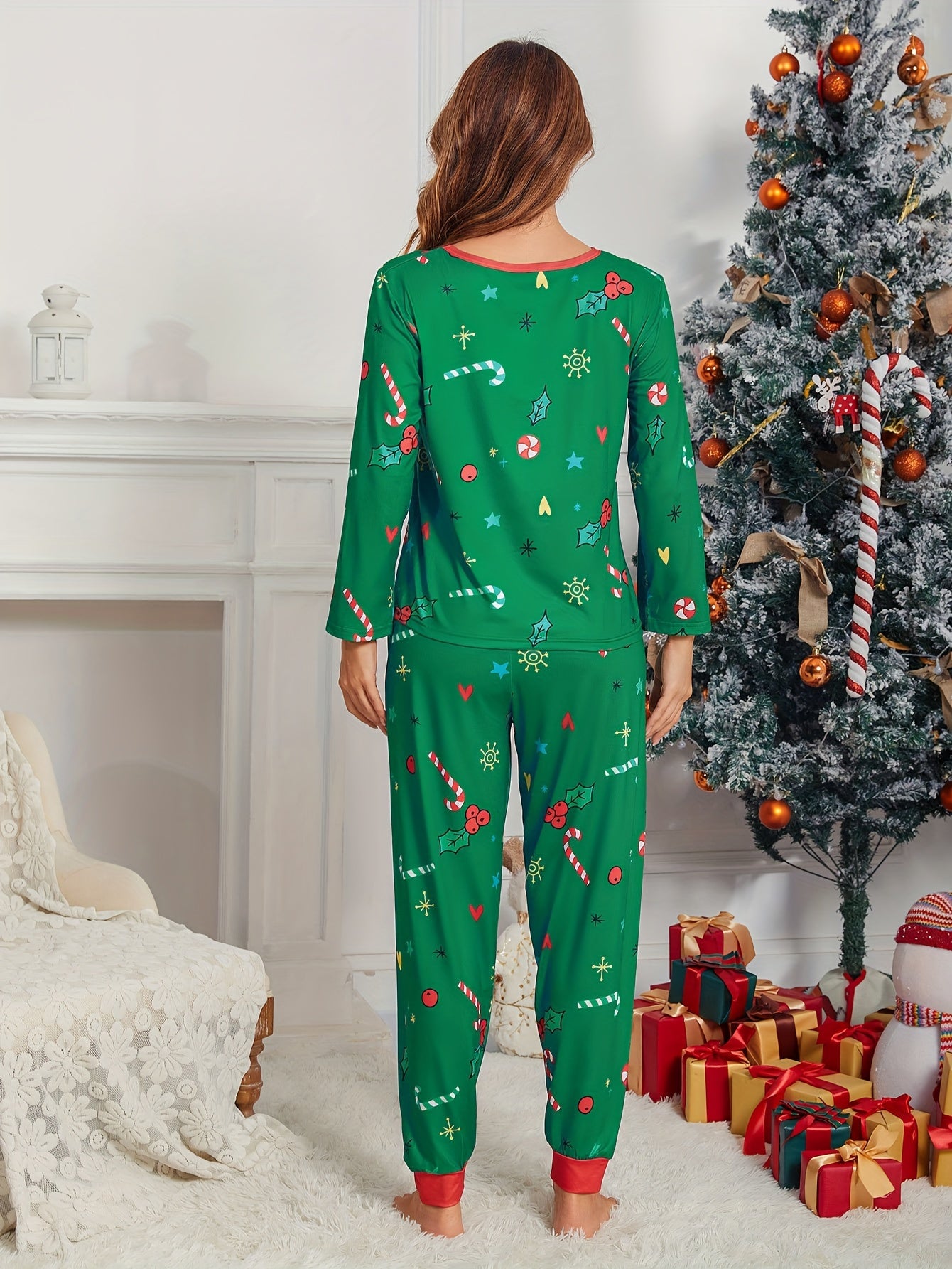 Christmas Print Pajama Set Long Sleeve Top & Pants Women's Loungewear
