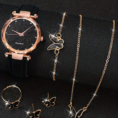 Women's PVC Strap Round Dial Watch & Jewelry Set for Daily Life