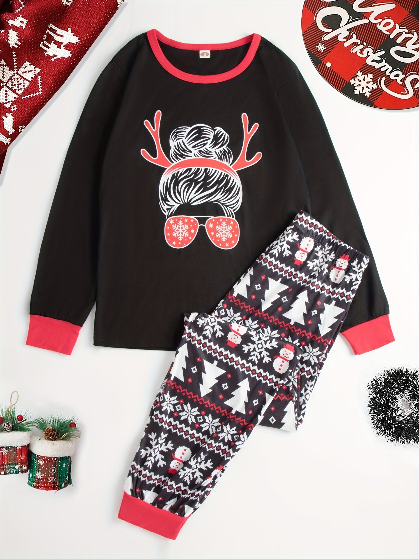 Christmas Print Lounge Set Long Sleeve Top & Pants Women's Loungewear