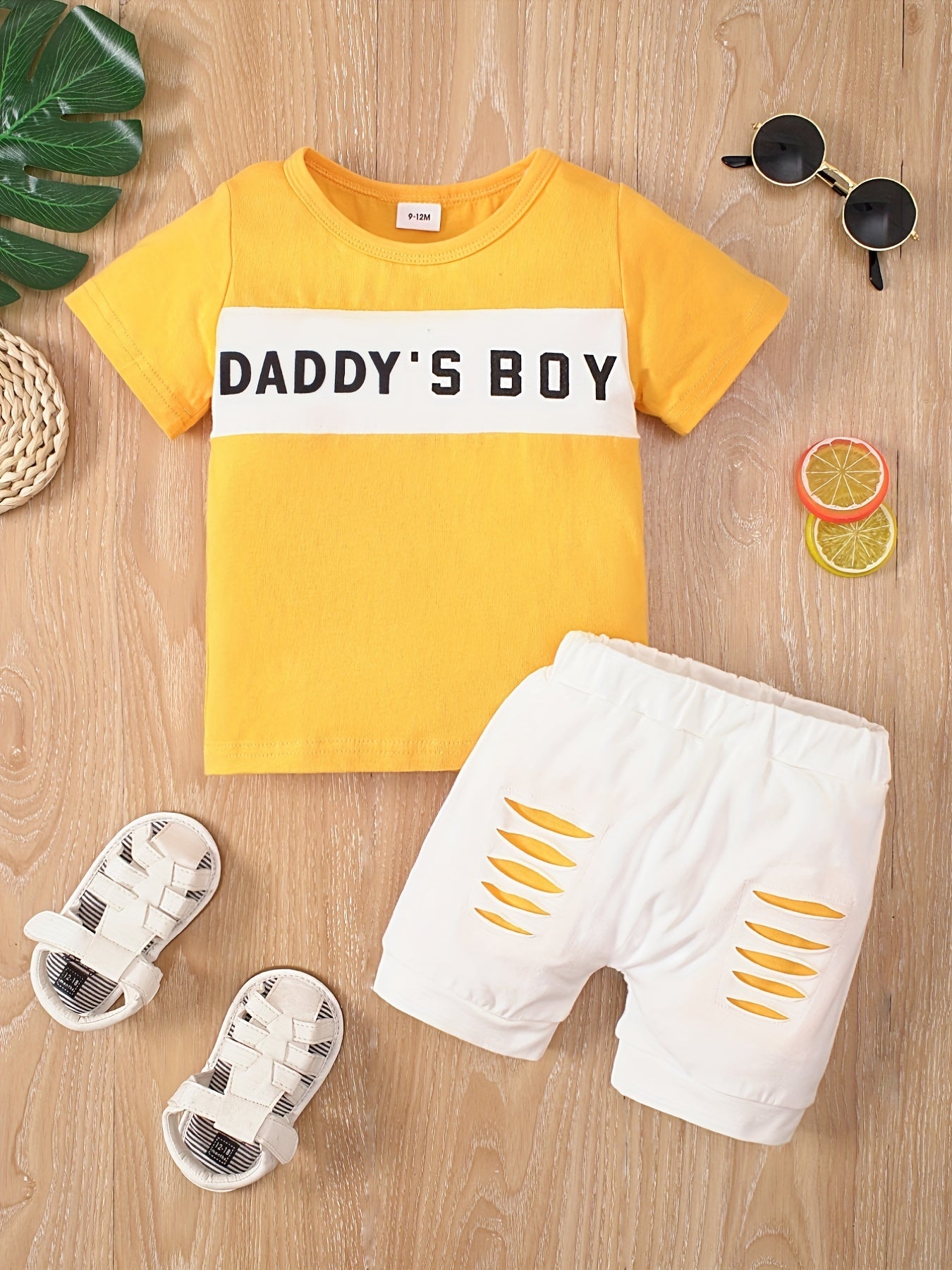 Cotton DADDY' BOY Block Tee Top Ripped Shorts Set