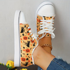 Women's Pumpkin & Cat Print Flats Halloween Lace Up Low Top Canvas Sneakers