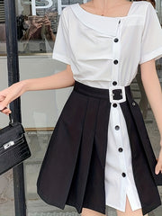 Two Piece Set Short Sleeve T shirt & Belted Skirt Women's Clothing