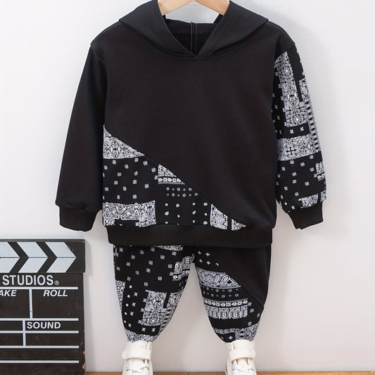 Boy's Paisley Pattern 2pcs Hoodie & Sweatpants Set for Spring Fall
