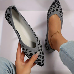 Leopard Print Knit Flat Shoes Soft Sole Slip On Casual Ballet Flats