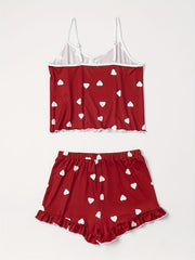 Heart Print Pajama Set V Neck Cami Top & Ruffle Shorts Women's Sleepwear