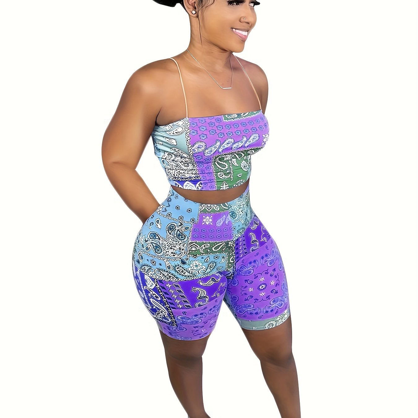 Sexy Paisley Print Two piece Set Crop Cami Top & High Waist Shorts