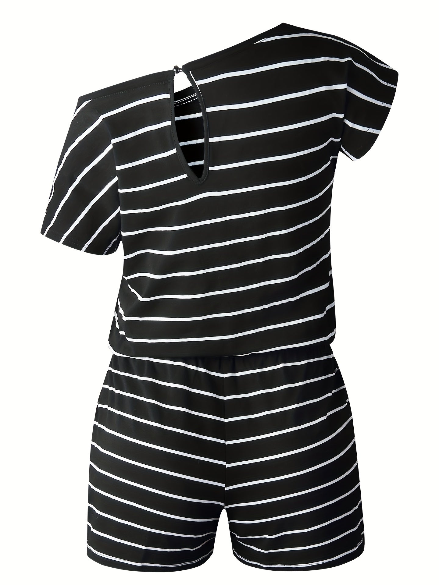 Striped Print Slanted Shoulder Romper Casual Drawstring Short Sleeve Romper