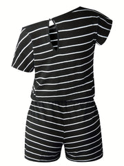 Striped Print Slanted Shoulder Romper Casual Drawstring Short Sleeve Romper