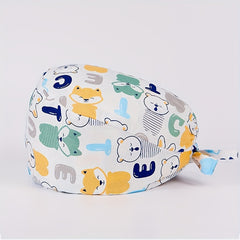 Cartoon Print Nurse Cap Scrub Cap with Button Elastic Adjustable Work Hat