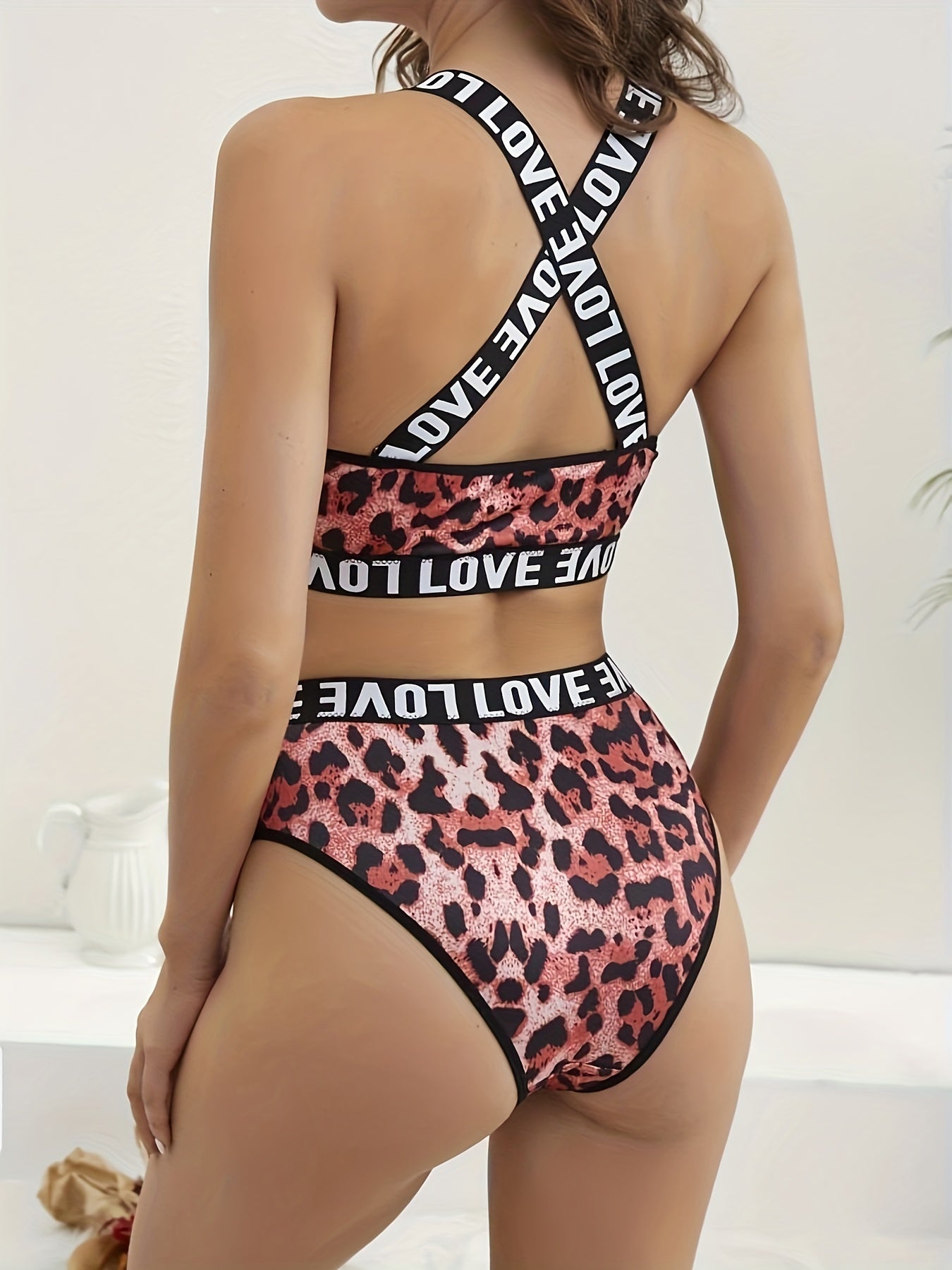 Leopard Bra Panties Criss Cross Back Bra Letter Print Panties