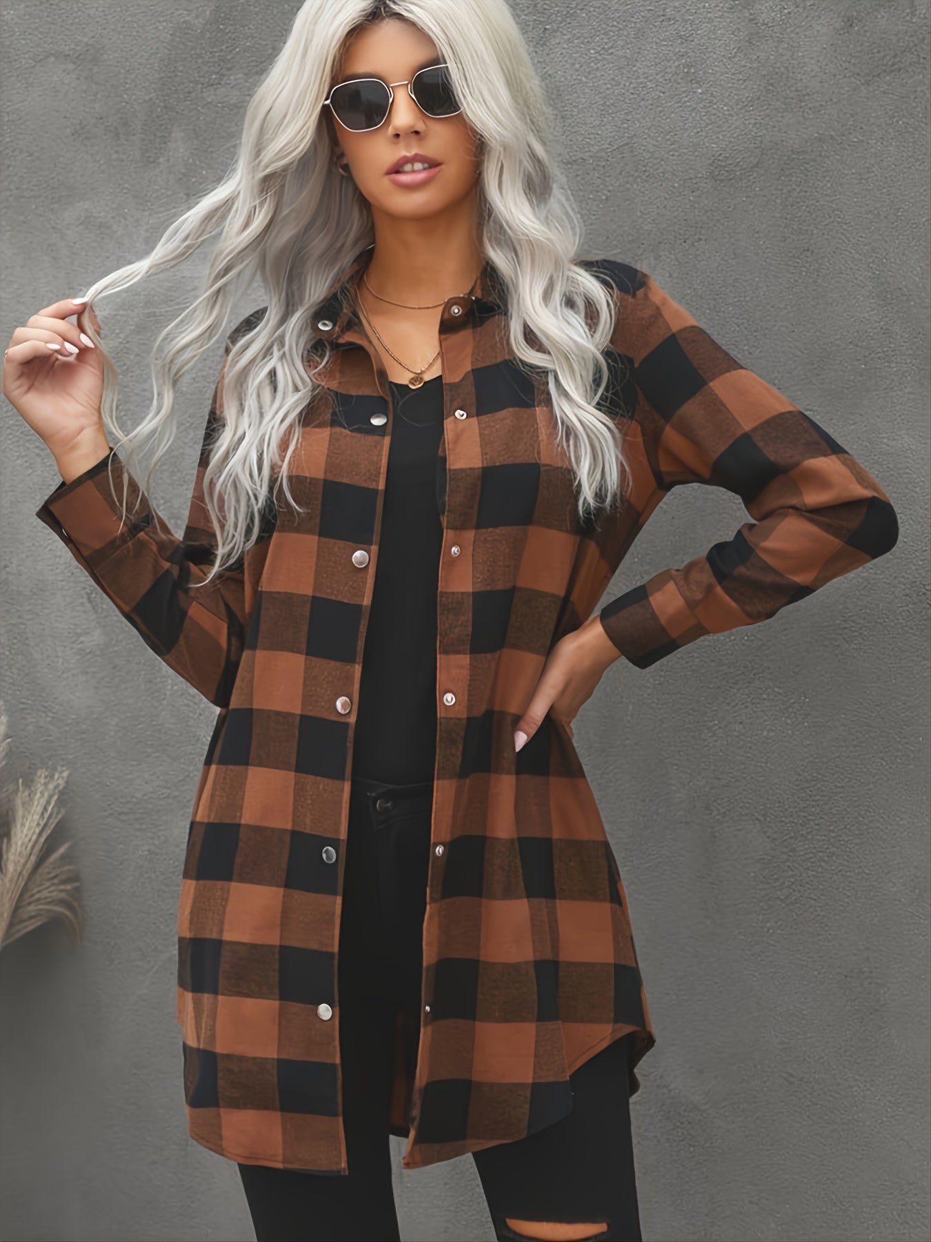 Plaid Shirt Jacket Long Sleeve Button Up Casual Shacket