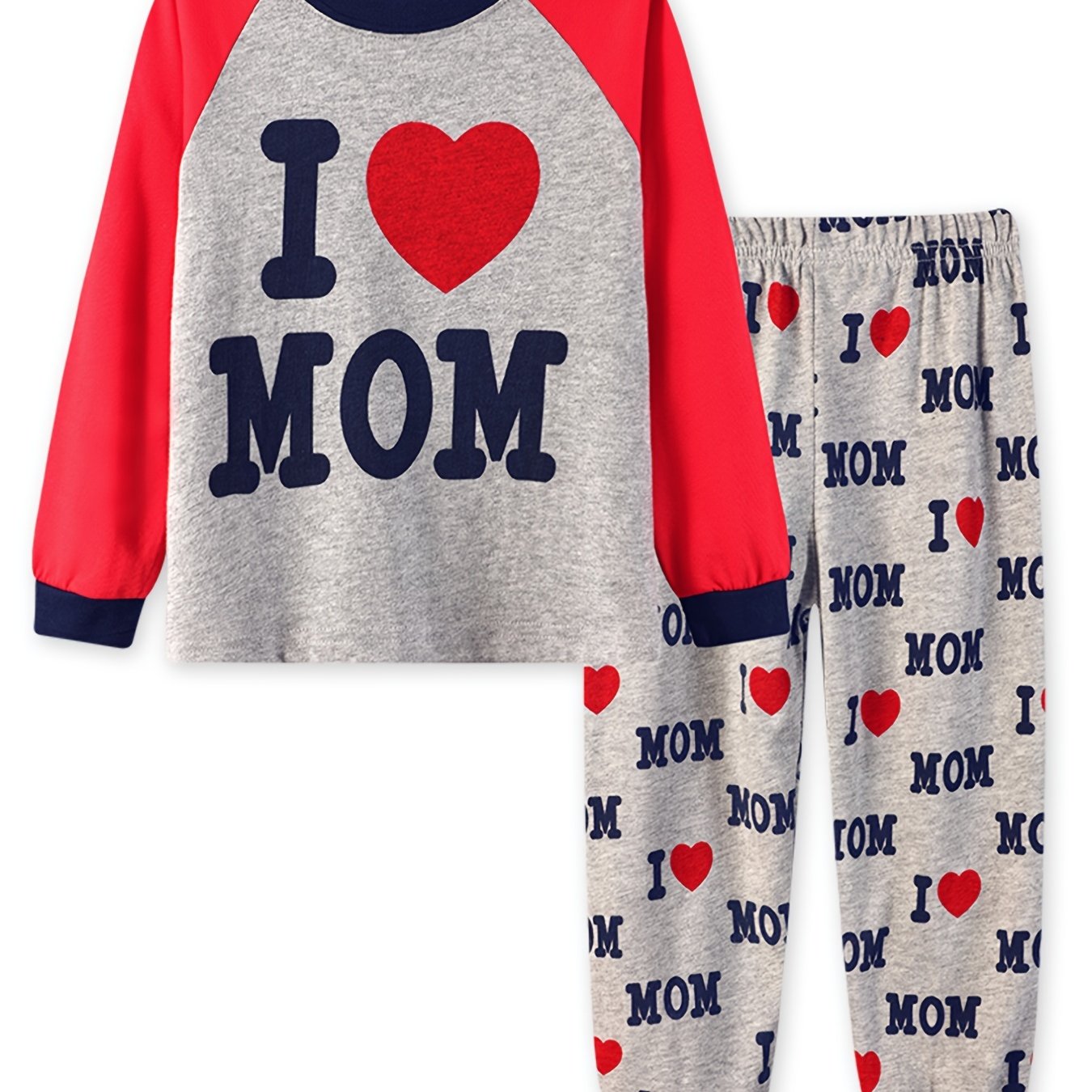 2pcs Girls Pajama Set Crew Neck Long Sleeve 'I LOVE MOM' Print Winter