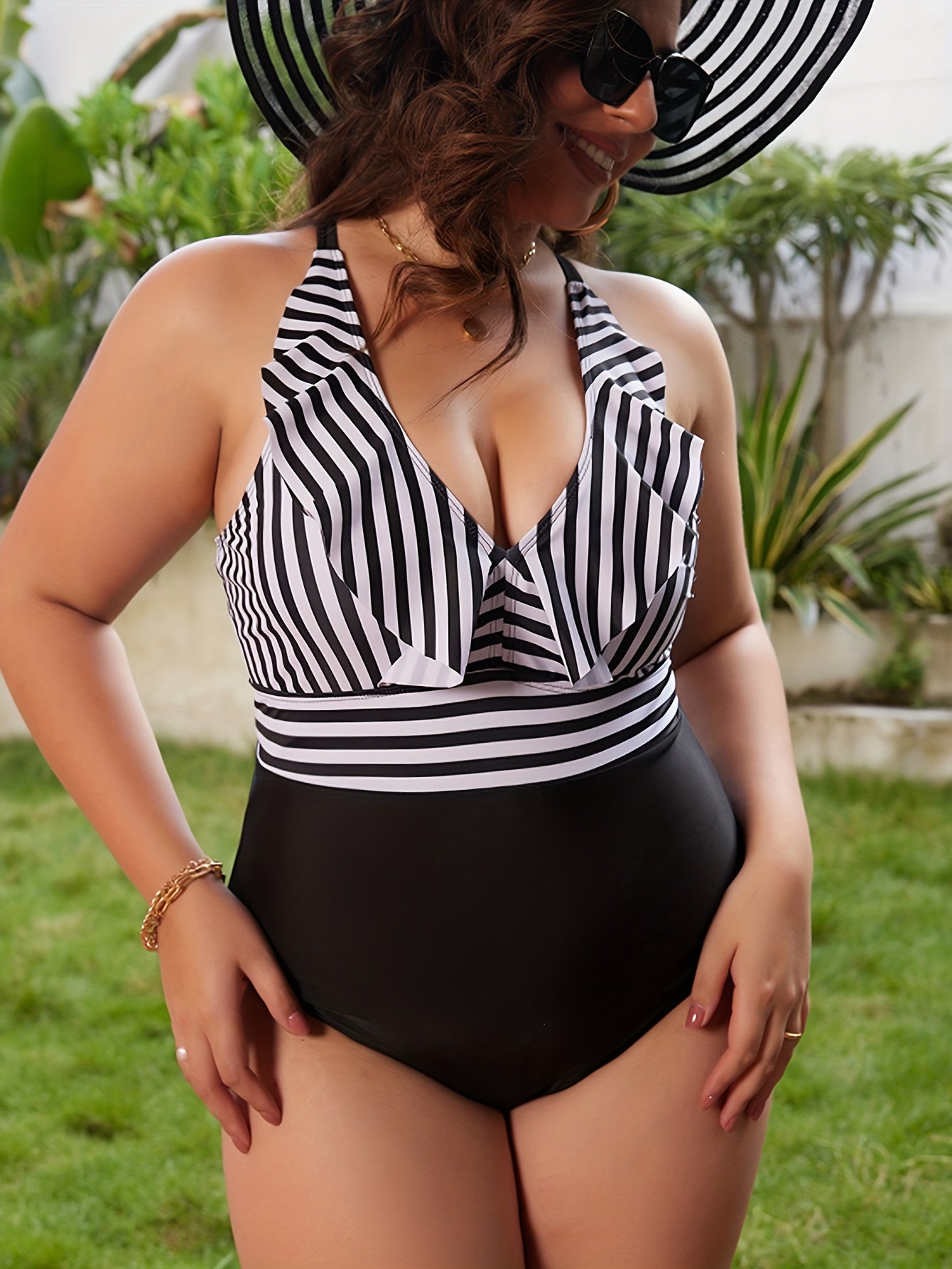 Stripe Print Ruffle Trim One Piece Swimsuit