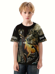 Deer 3D Print Boys T shirt Summer Lightweight Round Neck Short Sleeve Top