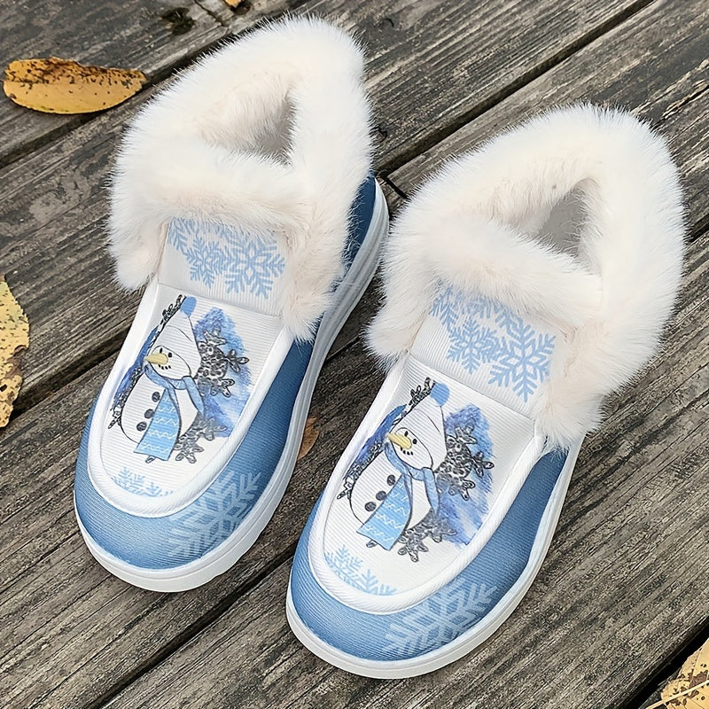Christmas Snowflake Snowman Print Furry Boat Shoes