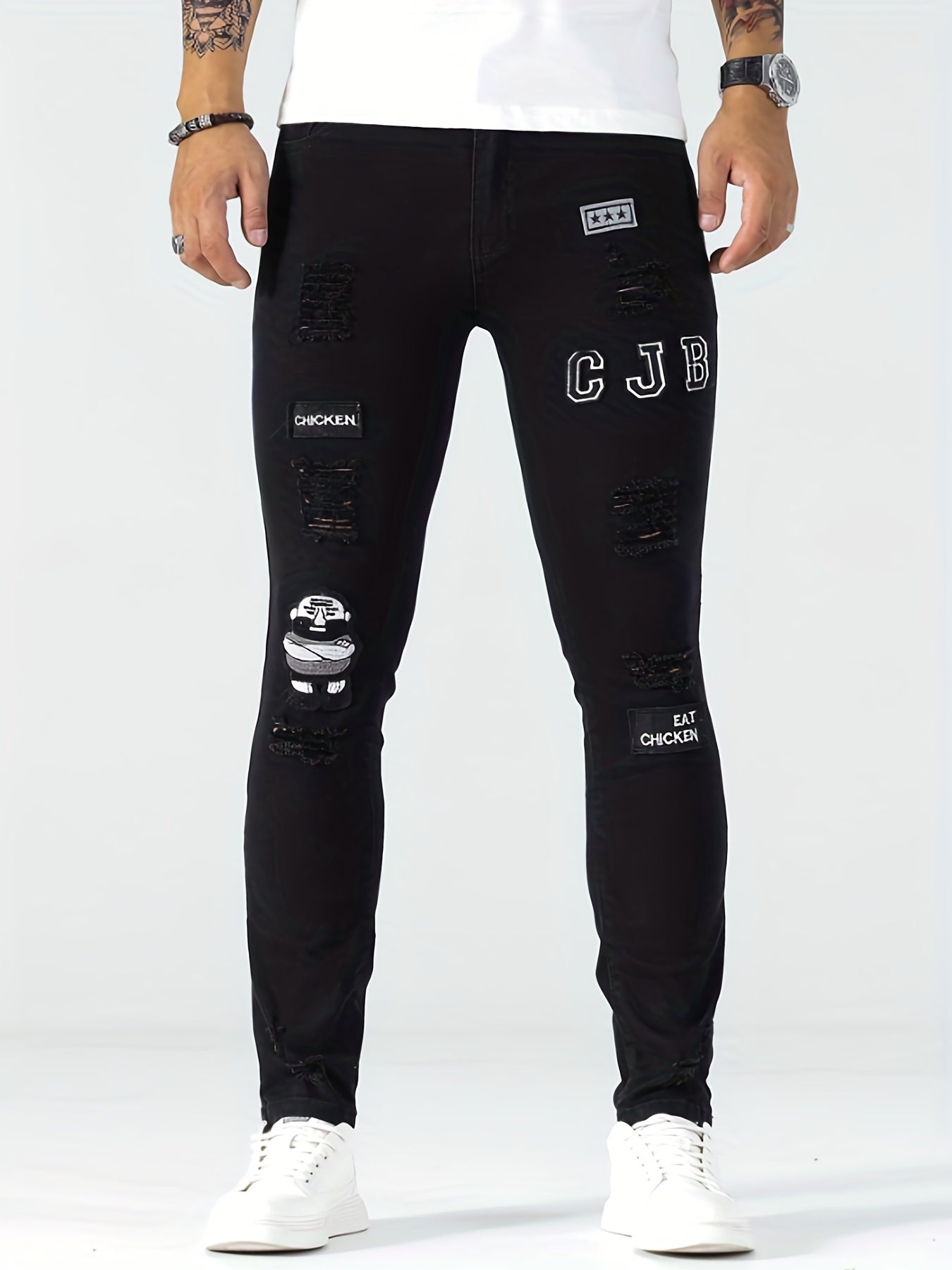 Slim Fit Ripped Embroidery Biker Jeans Mens Casual Street Style Stretch Denim