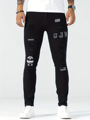 Slim Fit Ripped Embroidery Biker Jeans Mens Casual Street Style Stretch Denim