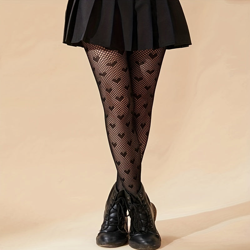 Heart Print Fishnet Tights High Waist Mesh Pantyhose Women's Stockings
