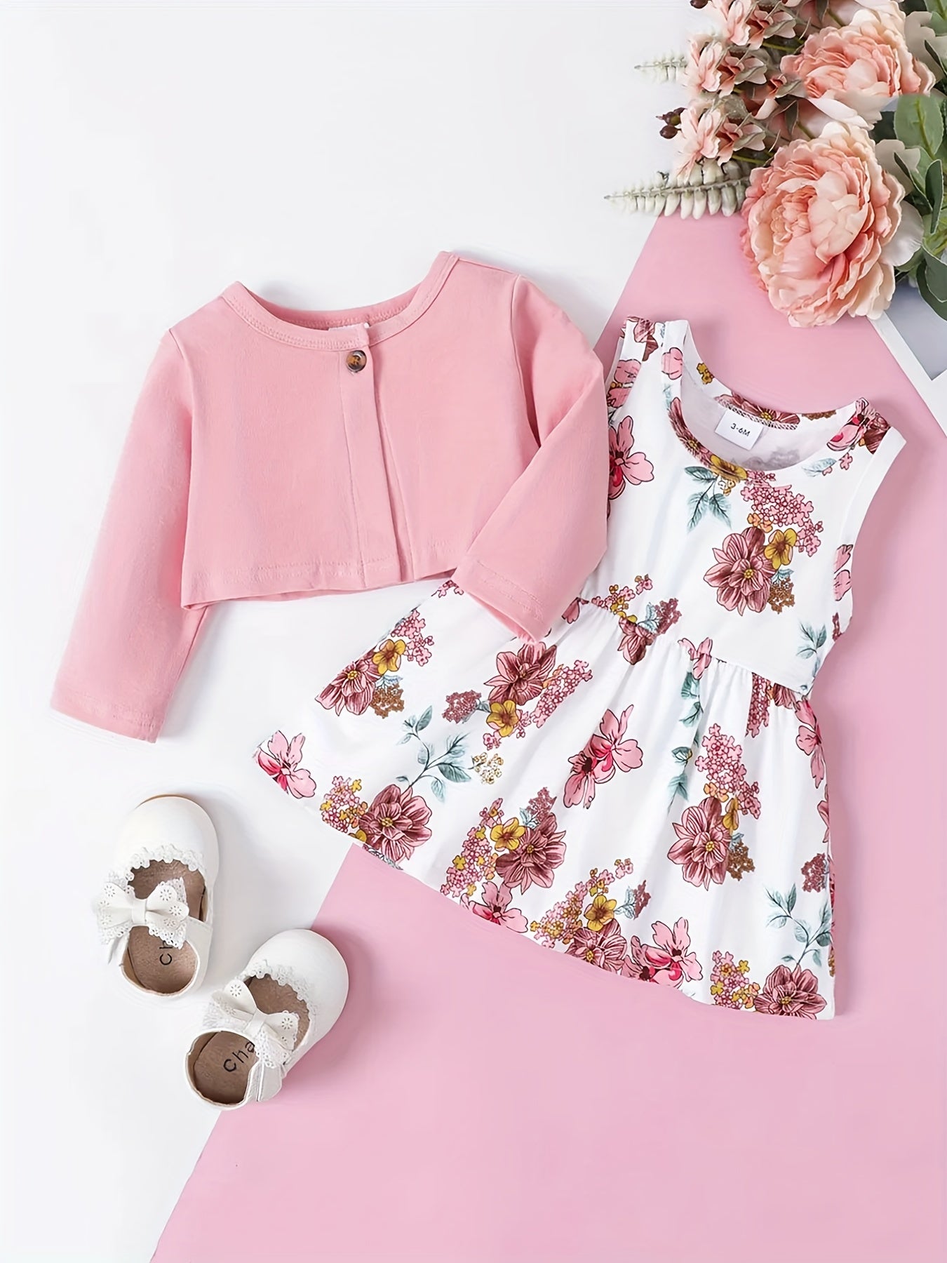 Baby Girl's Floral Print Pleated Sleeveless Dress Set