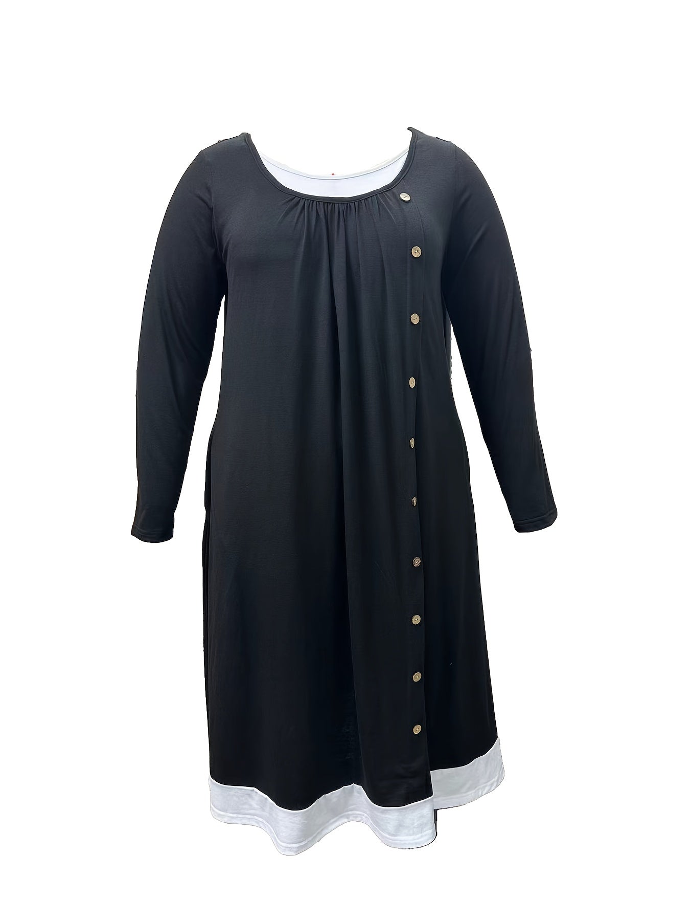 Colorblock Button Decor Long Sleeve Dress