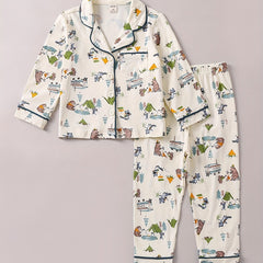 Boys Bear Print Pajama Set Long Sleeve Button Front Homewear PJ Set