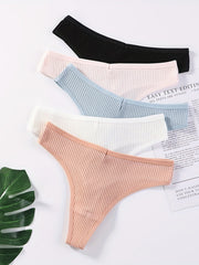 5pcs Solid Ribbed Thongs Soft & Comfy Stretchy Intimates Panties