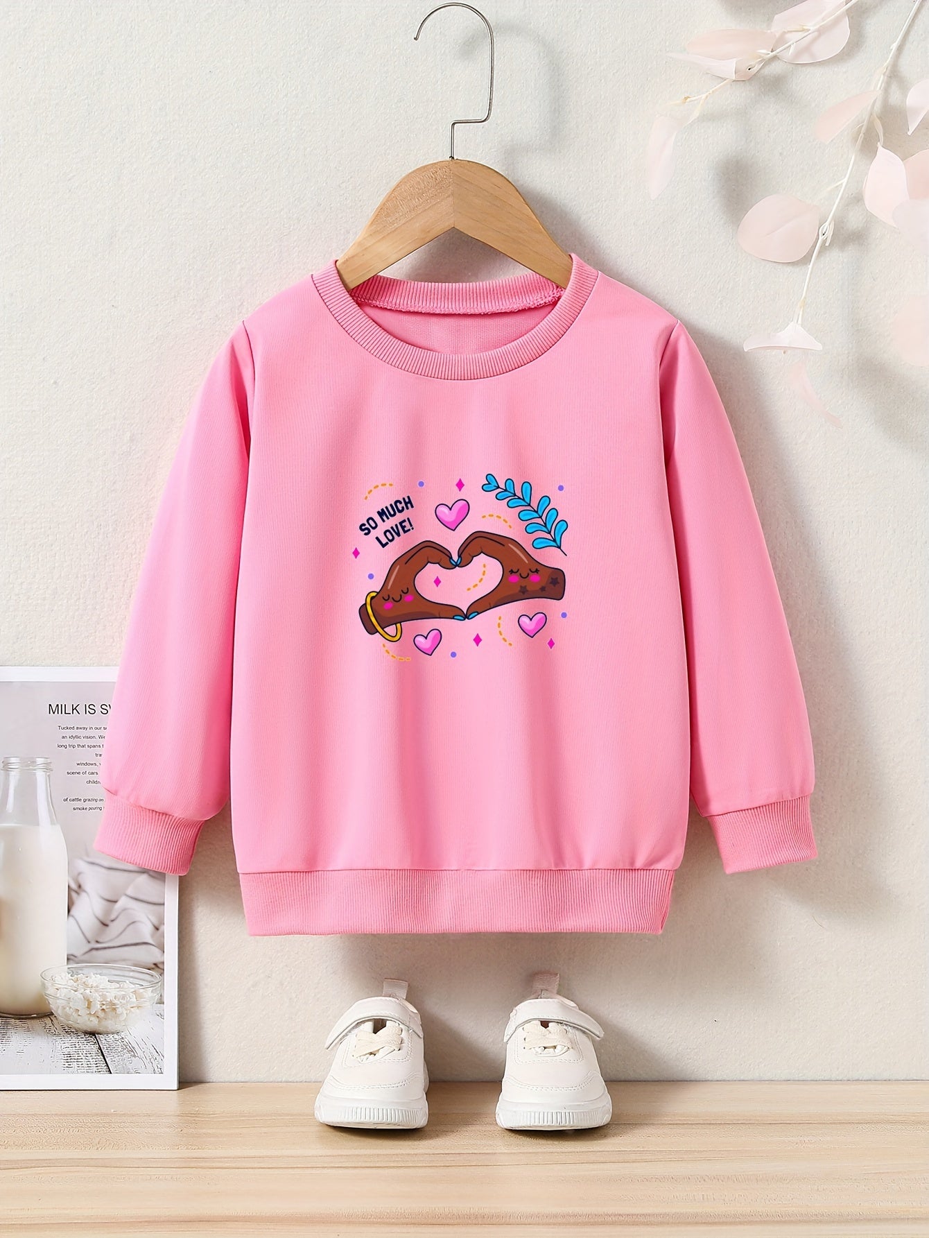 Love Heart Gesture Print Girls Casual Pullover Sweatshirt Long Sleeve Tops