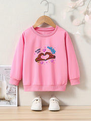 Love Heart Gesture Print Girls Casual Pullover Sweatshirt Long Sleeve Tops