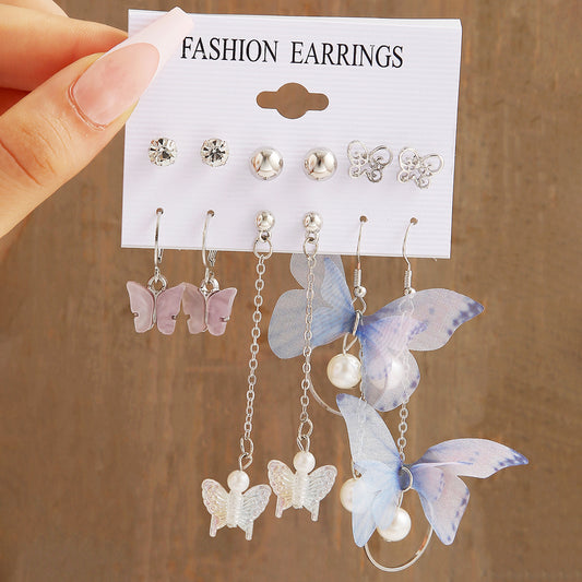 6 Pairs Butterfly Pearl Earrings Set