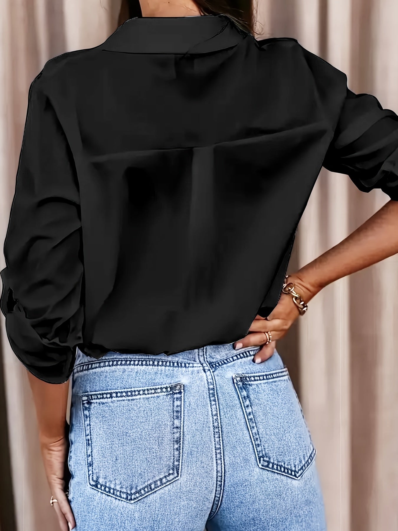 Casual Blouse Women's Plus Solid Button Up Roll Up Sleeve