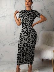 Leopard Print Short Sleeve Round Neck Skinny Dress