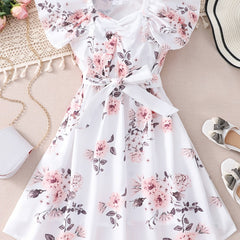 Toddler Girls Ruffle Trim Flowers Graphic Princess Belted Dress