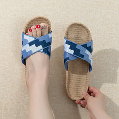 Crisscross Strap Linen Slides Colorblock Open Toe Slip On Flat Shoes