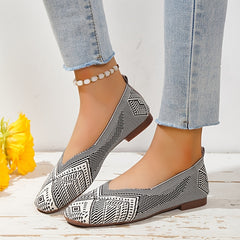 Women's Knitted Square Toe Flat Shoes Breathable Slip On Casual Walking Shoes