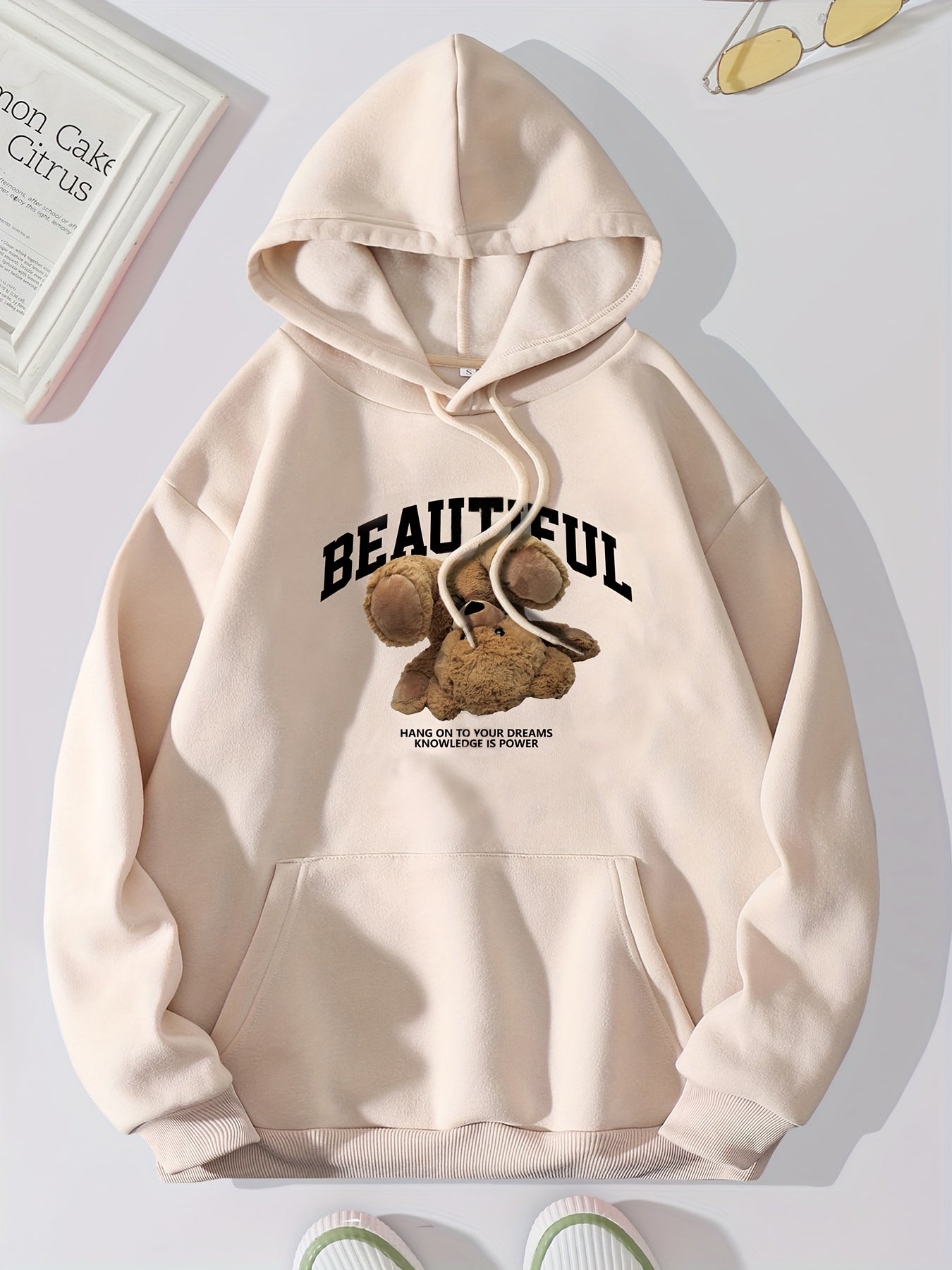 Bear & Letter Print Kangaroo Pocket Hoodie Long Sleeve Drawstring Hoodies