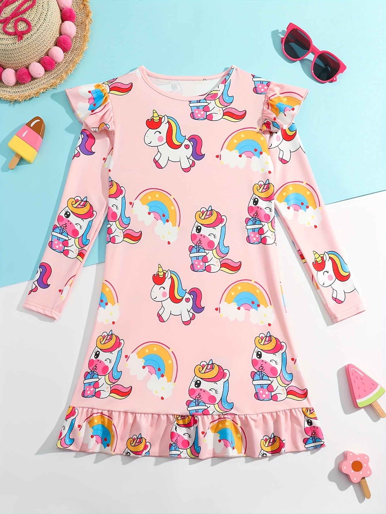 Girls Unicorn Print Flutter Trim Dress Spring Fall Christmas Gift