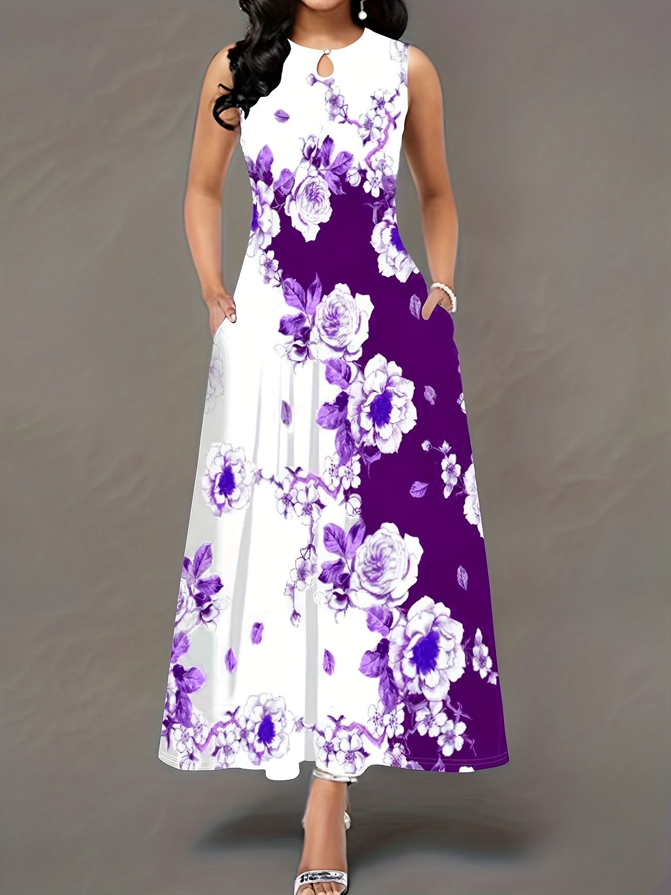 Colorblock Floral Print Maxi Tank Dress