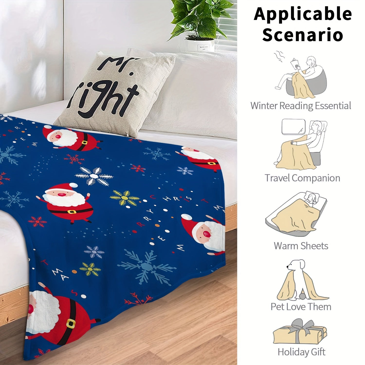 Christmas Santa Snowflake Blanket Soft Lightweight Throw Sofa Bed Couch