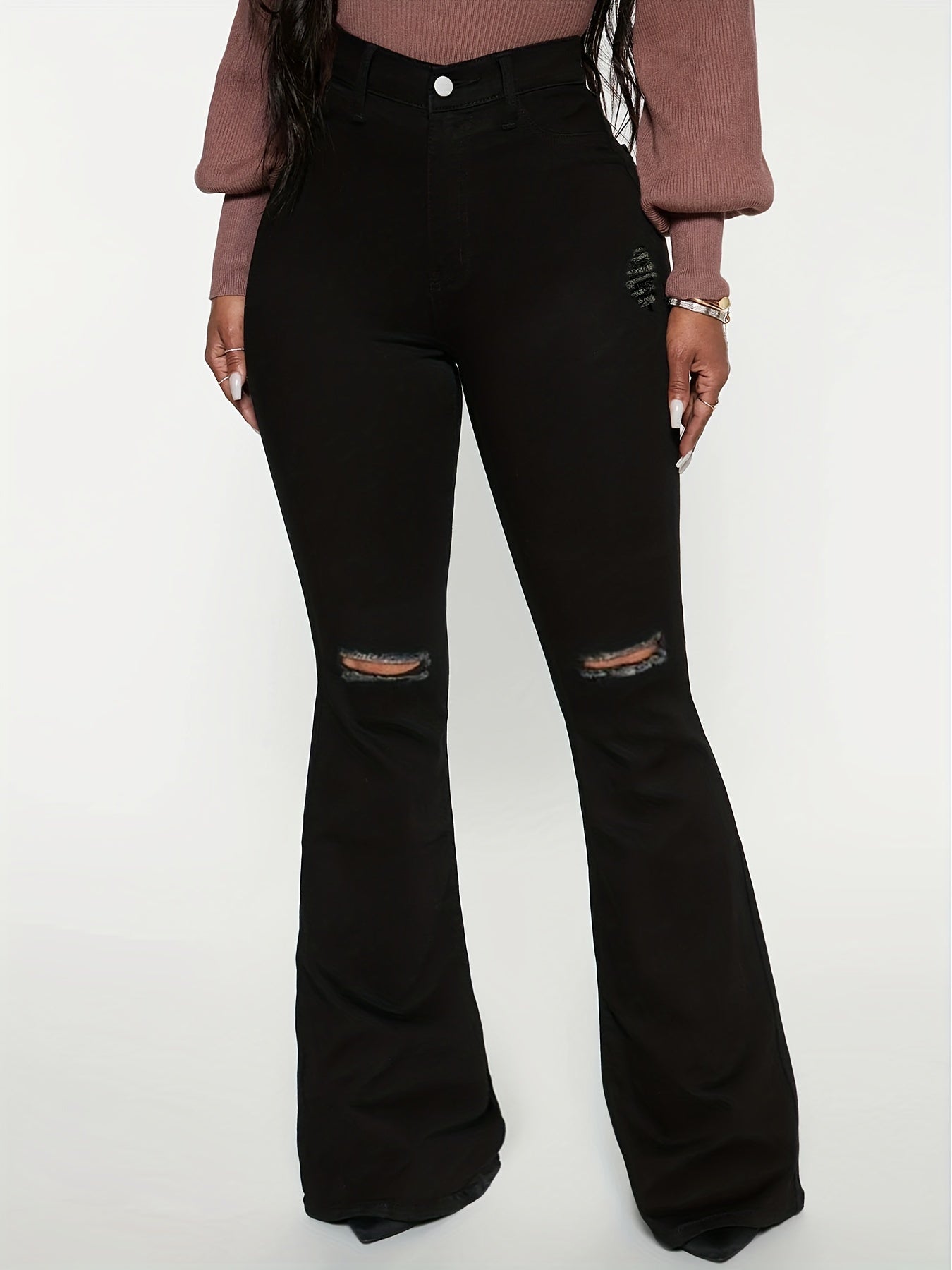 High Waist Distressed Flared Jeans Bell Bottom Denim Pants