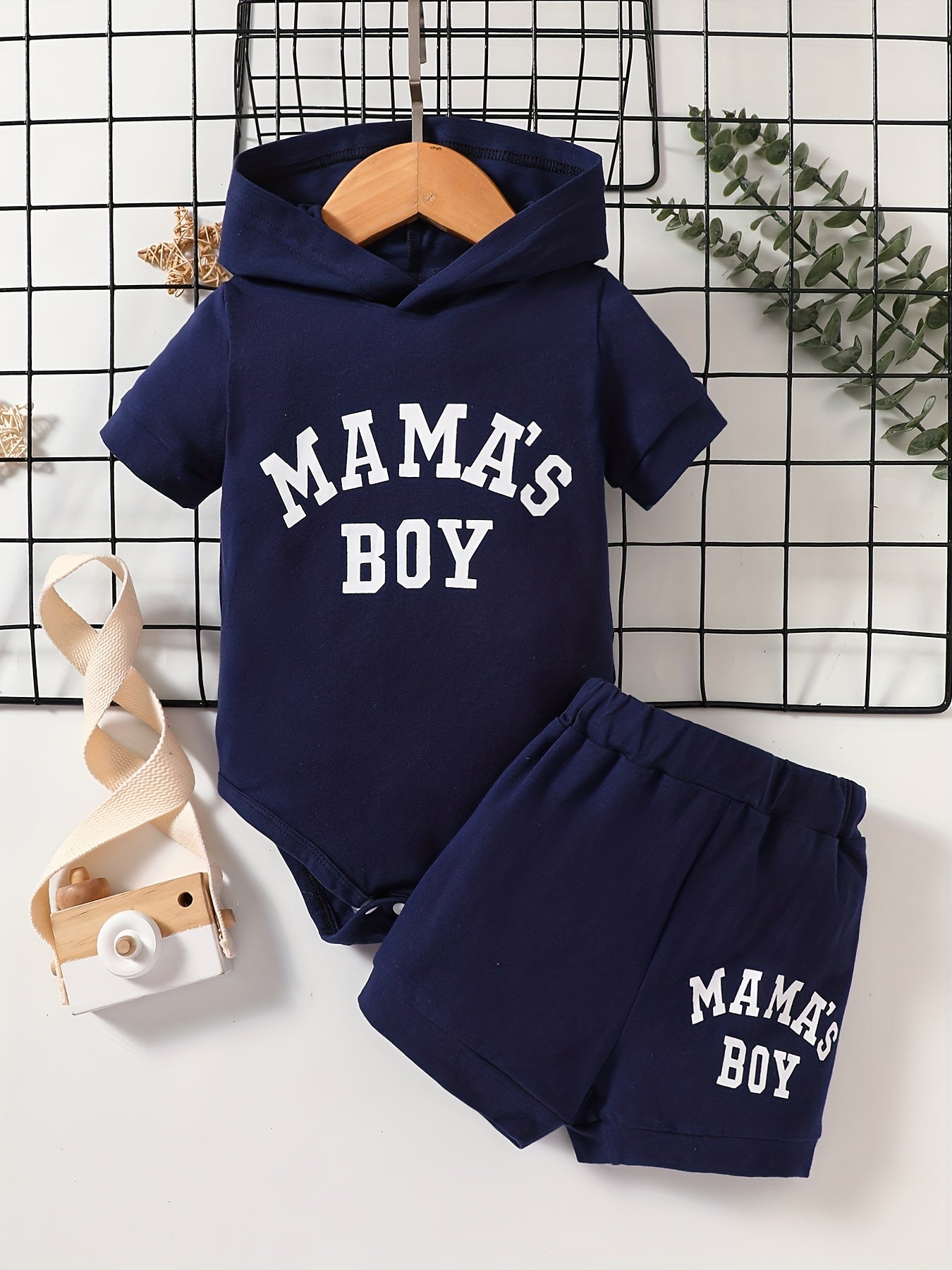 2pcs Baby Boys Mama's Boy Hooded Onesie & Shorts Set