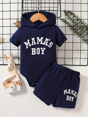 2pcs Baby Boys Mama's Boy Hooded Onesie & Shorts Set