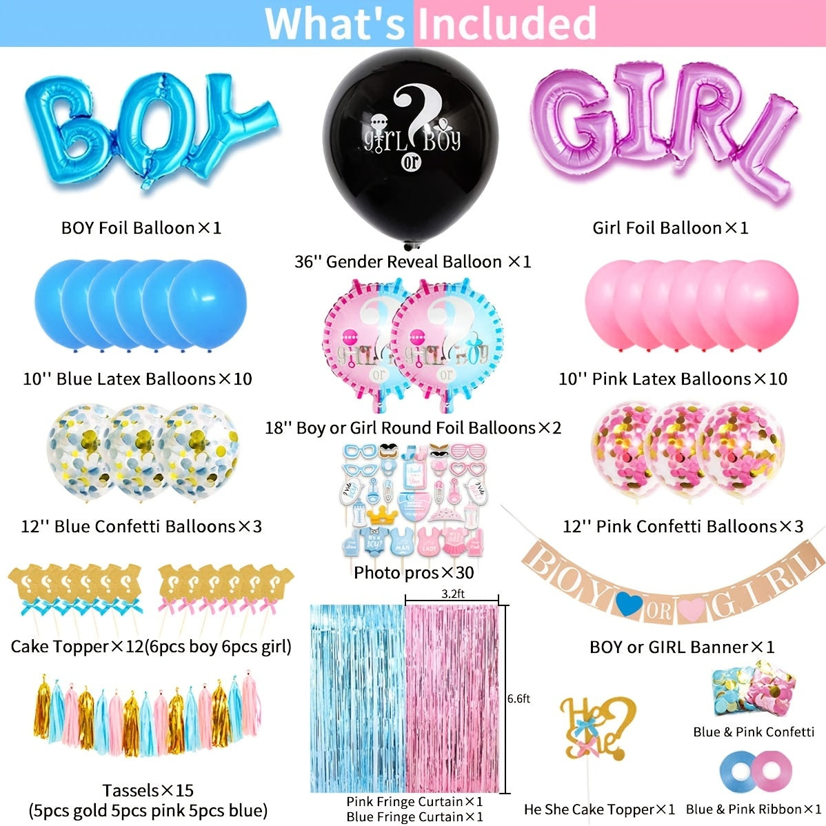 Gender Reveal Party 105pcs Decoration Set with 36" Balloon Pink & Blue Balloons
