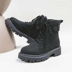 Women's Platform Ankle Combat Boots Lace Up Metal Buckle Round Toe Short Boots