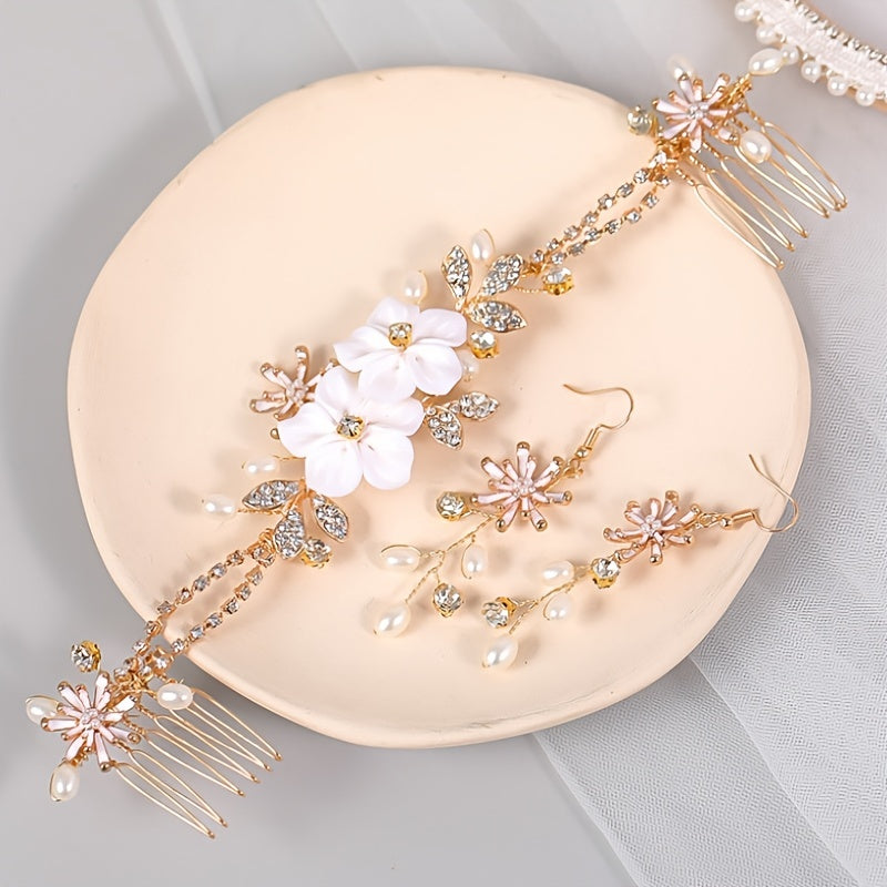 Golden Rhinestone Faux Pearl Bridal Jewelry Set Hanfu Wedding Accessories