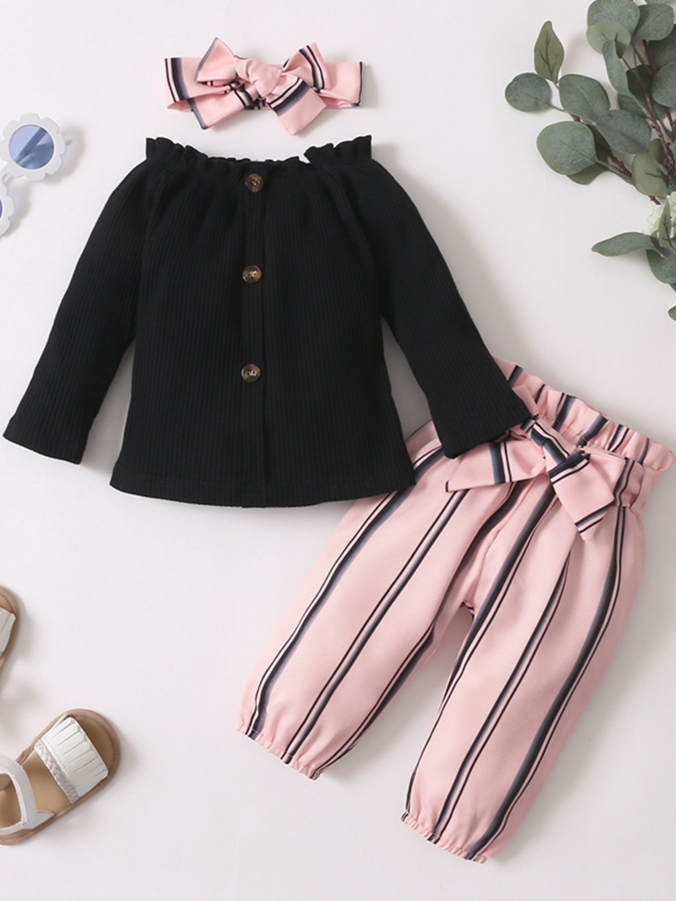 3pc Off-the-shoulder Top, Stripes Pants & Headband Set for Baby Girls