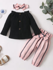 3pc Off-the-shoulder Top, Stripes Pants & Headband Set for Baby Girls