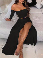 Boho Two piece Skirt Set Off Shoulder Crop Top & Midi Skirt Outfit