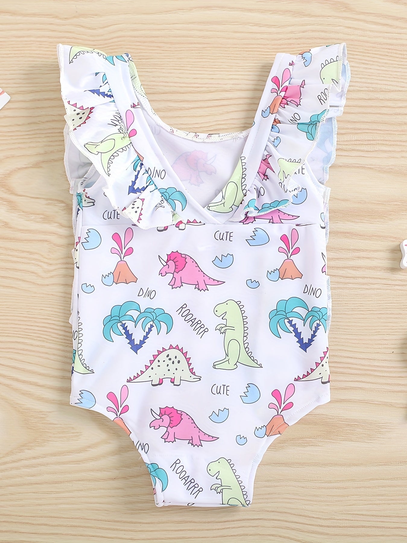Baby Girls Dinosaur Print Ruffle Trim Swimsuit