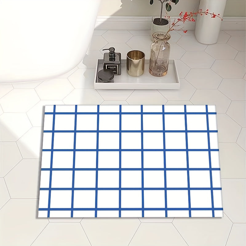Plaid Pattern Bath Rug Soft Absorbent Non-slip Bath Mat Diatom Mud Material