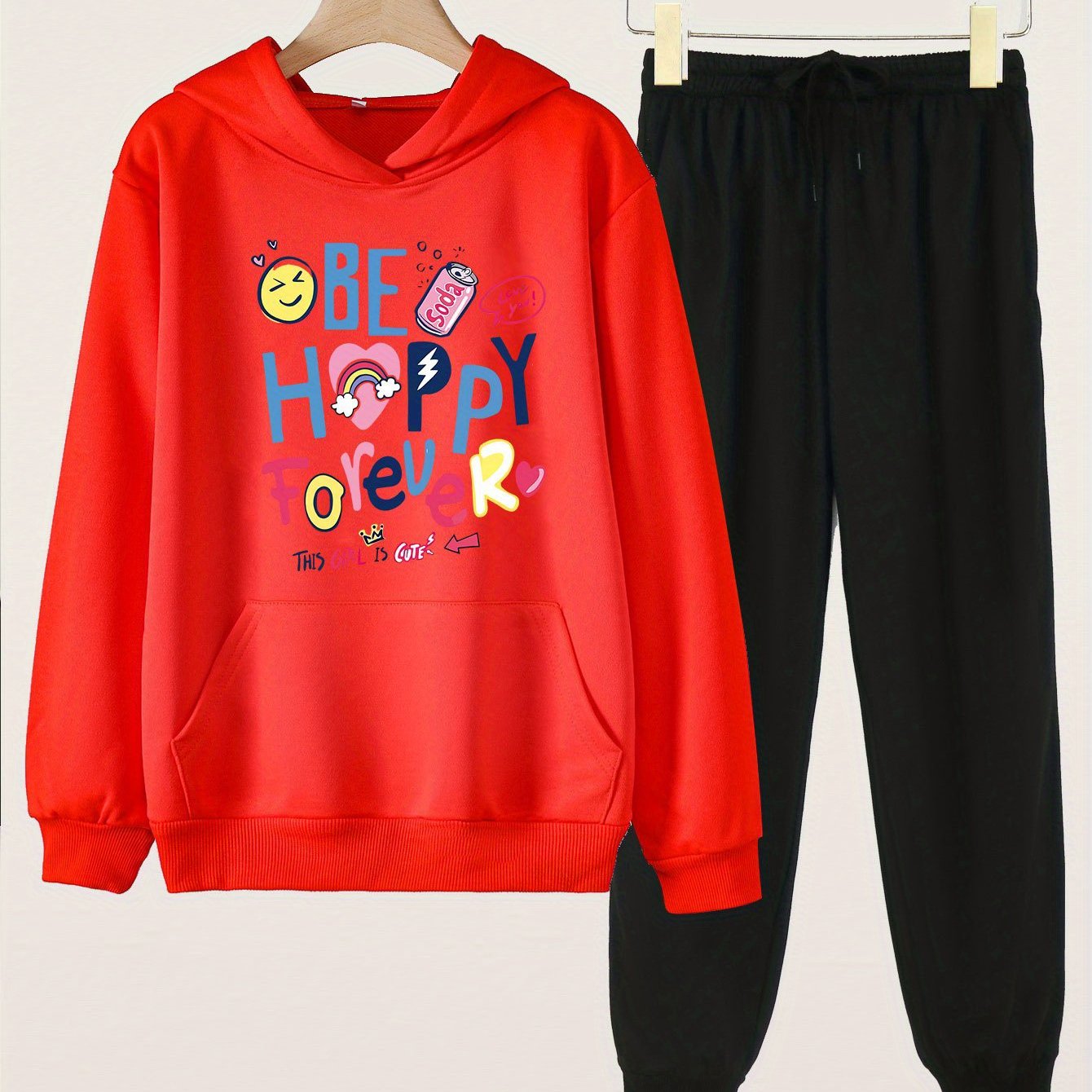2pcs Girls Hoodie Be Happy Forever Print Hooded Sweatshirt